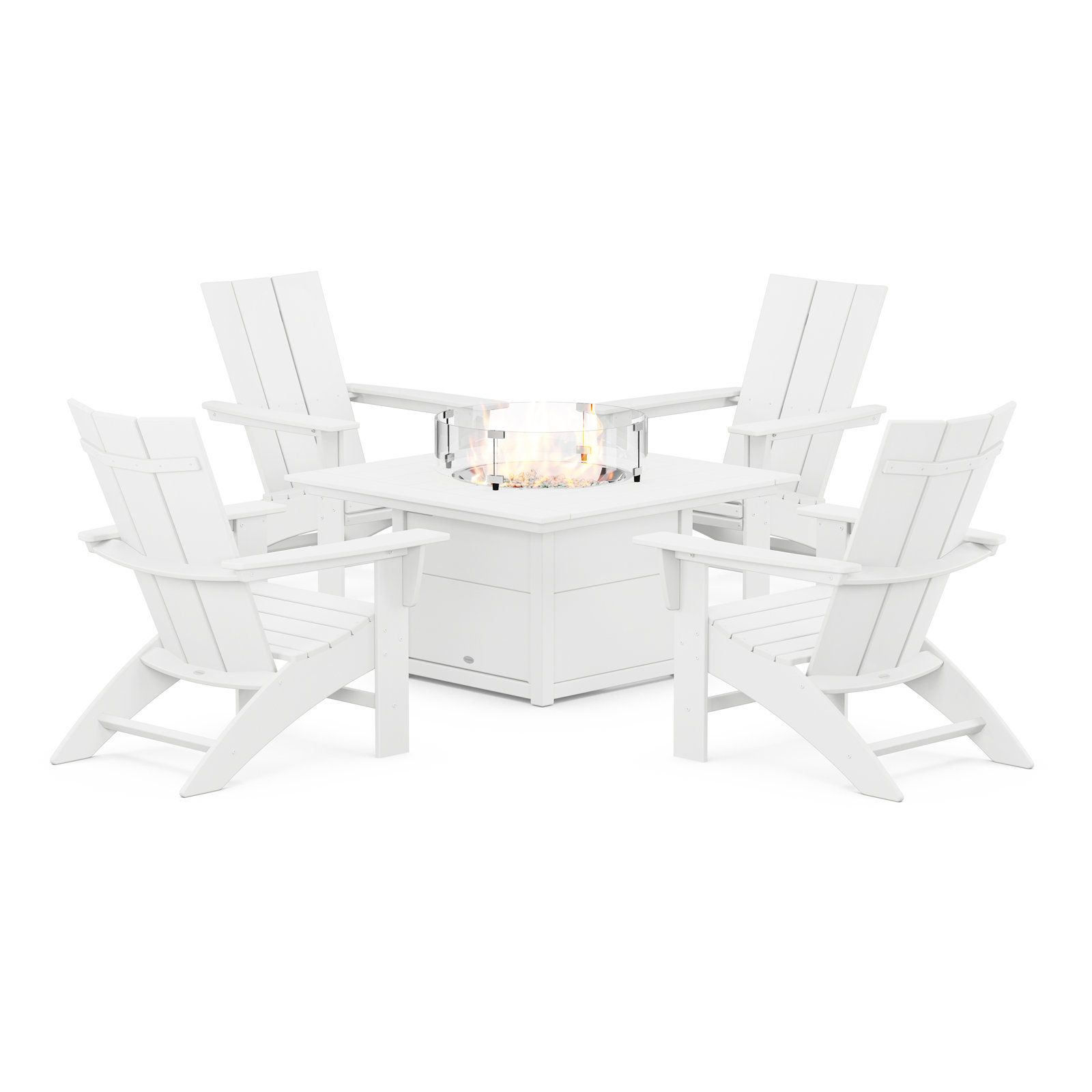 POLYWOOD Modern Curveback Adirondack 5-Piece Conversation Set with Fire Pit Table, White