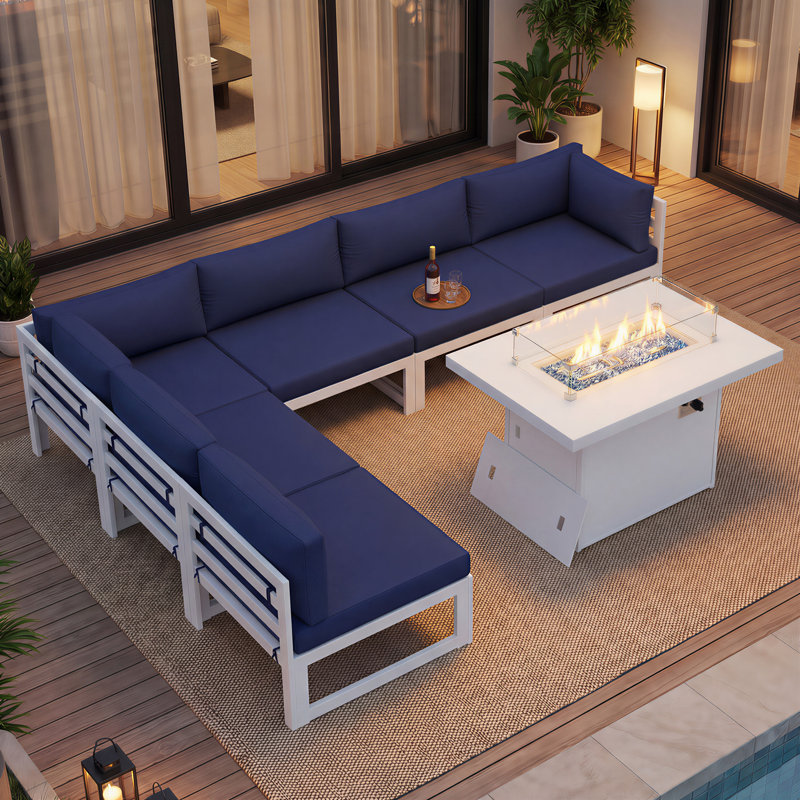 Tuyen 7-Piece 6-Person Outdoor Patio All-Aluminum Sectional Conversation Set with 60,000 BTU Fire Pit Table and 4" High-Resilience Foam Cushions