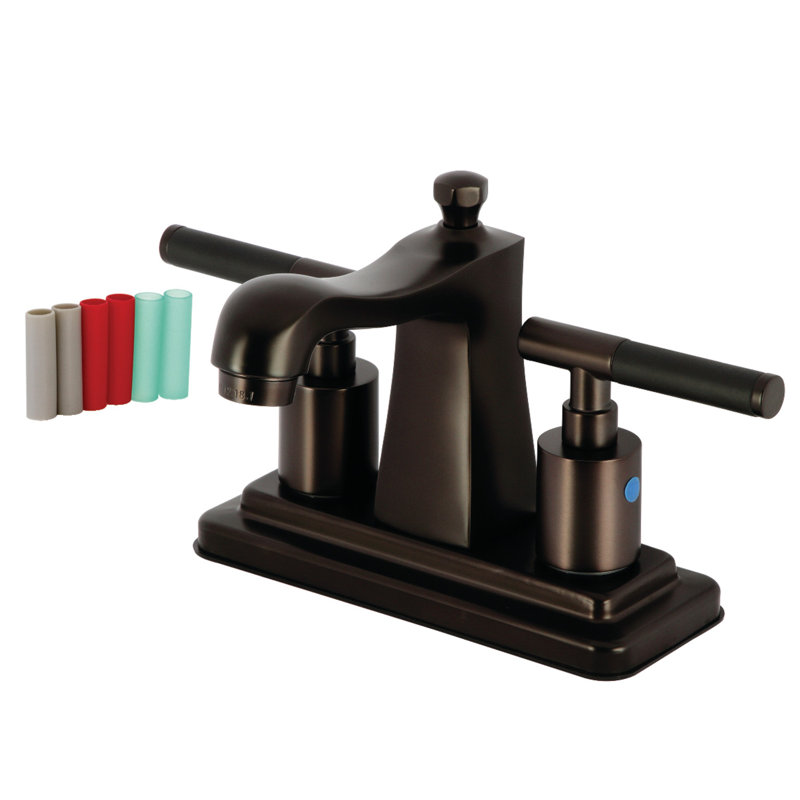 Kingston Brass Kaiser Two-Handle 3-Hole Deck Mount 4" Centerset Bathroom Faucet with Plastic Pop-Up