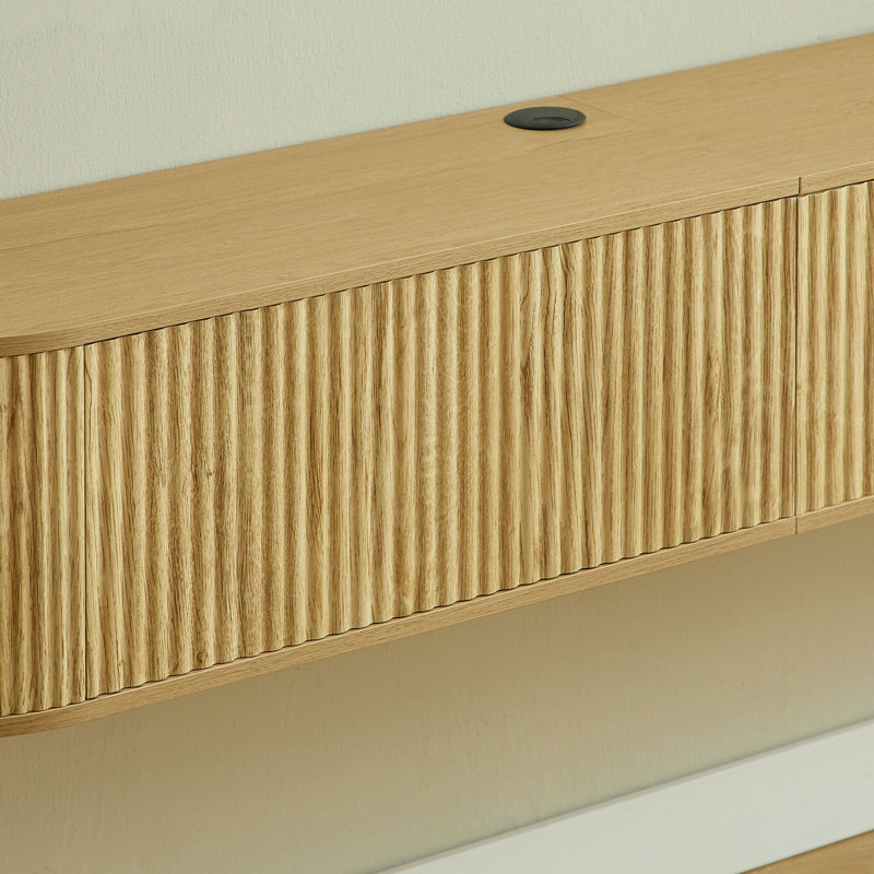 Meuble télé mural flottant de 55 po avec portes cannelées, console multimédia de grande capacité avec trous de gestion des câbles pour le salon, compatible avec divers styles de maison