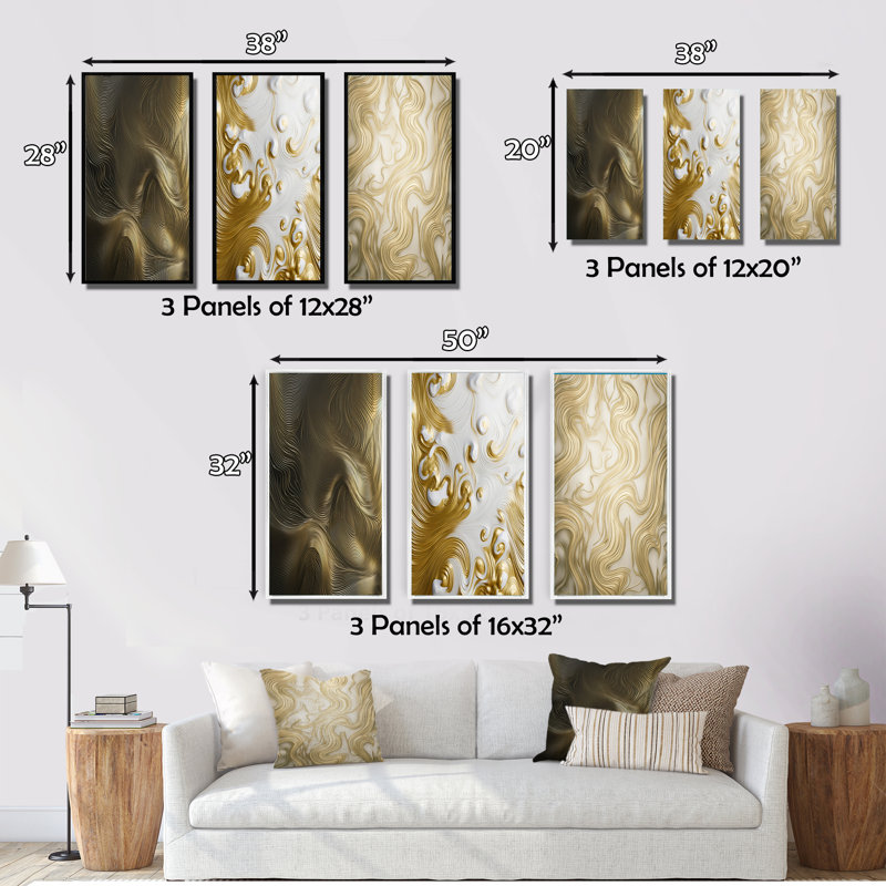 «Smooth Gold Elegant Minimal Retro Glam Wave», ensemble de 3 formes d'art abstraites, Toile tendue, H 32 po x l 48 po