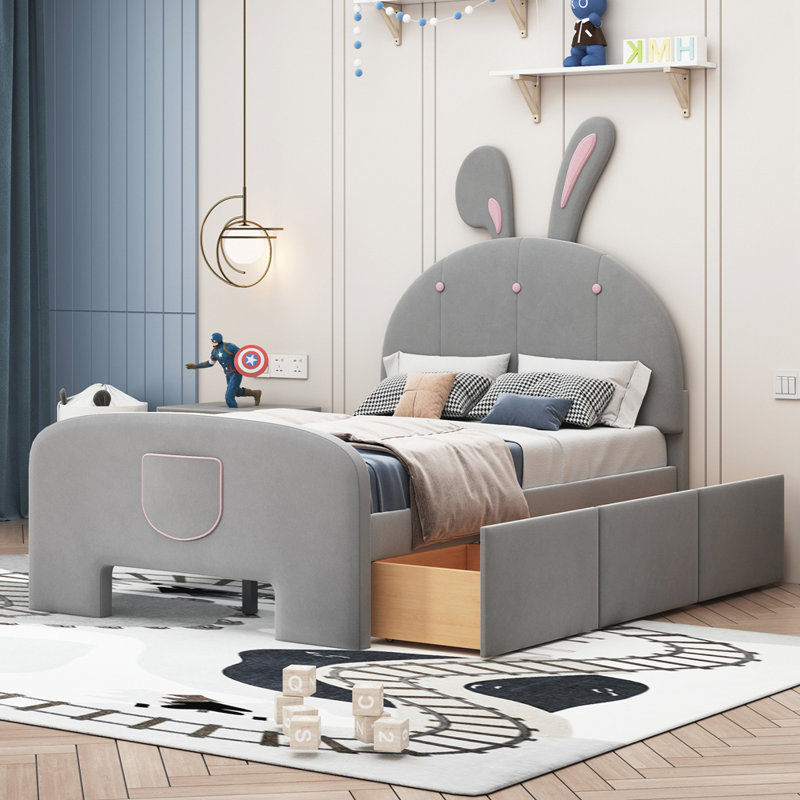 Lit Ardice Ornello, cadre de lit, lit plateforme avec tête de lit en forme de lapin, lit avec cadre de rangement, Lit simple