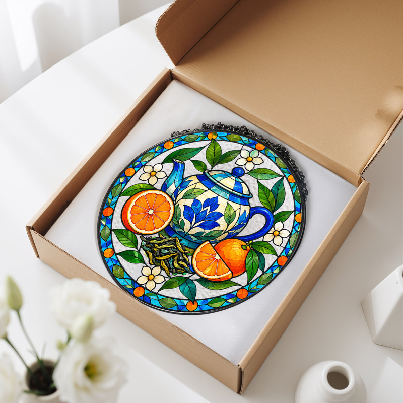 Théière bleue et blanche avec oranges en verre teinté, art mural, H 7,8 po