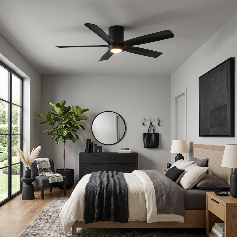 Ventilateur de plafond 5 pales 52 pouces avec télécommande et lumière à intensité variable CORMAC , Noir mat