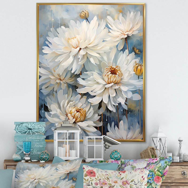 «White and Blue Chrysanthemums V» sur impression sur toile, H 44 po x l 34 po x P 1,5 po, Cadre flottant doré