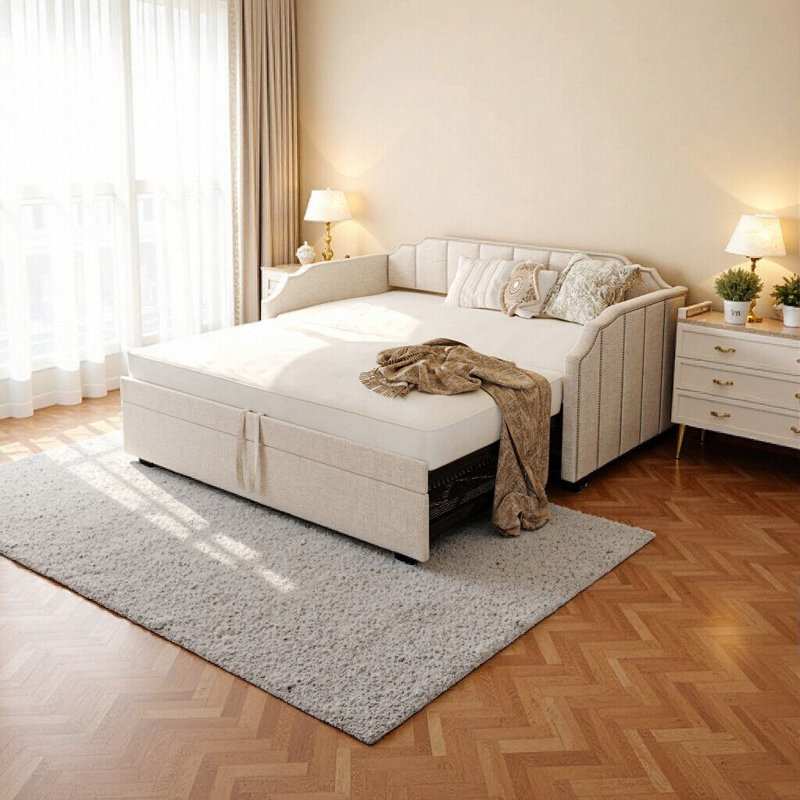 Twin Size Upholstered Daybed with Pop-Up Trundle & USB Charging Ports - Beige, Space-Saving & Stylish, Beige