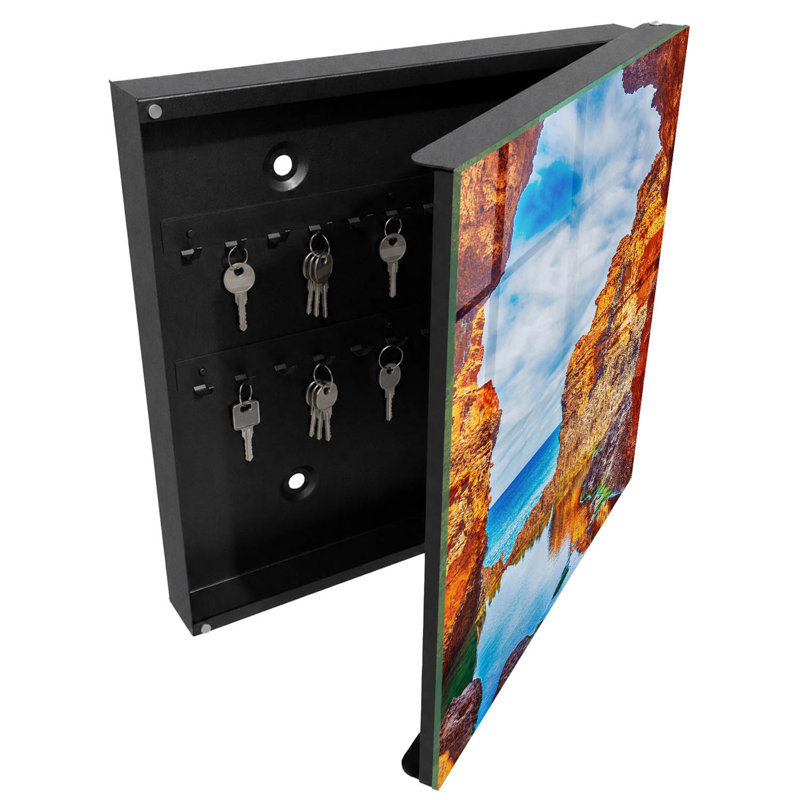 Key cabinet for home, Opens to the left, 30x30x5, White, Orange cliffs above blue sea and sky, 