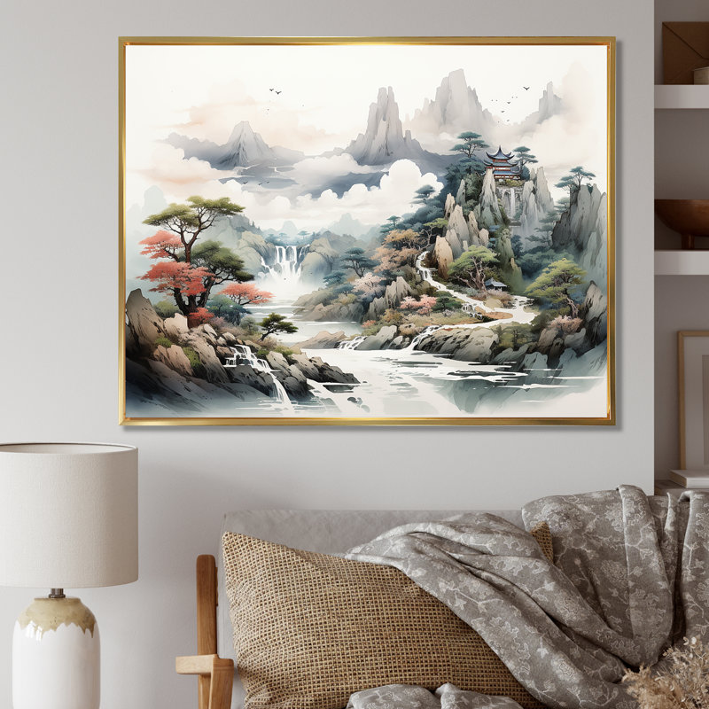 «Gray River China Landscape II», art mural Chine, Cadre flottant doré, H 16 po x l 32 po x P 1 po