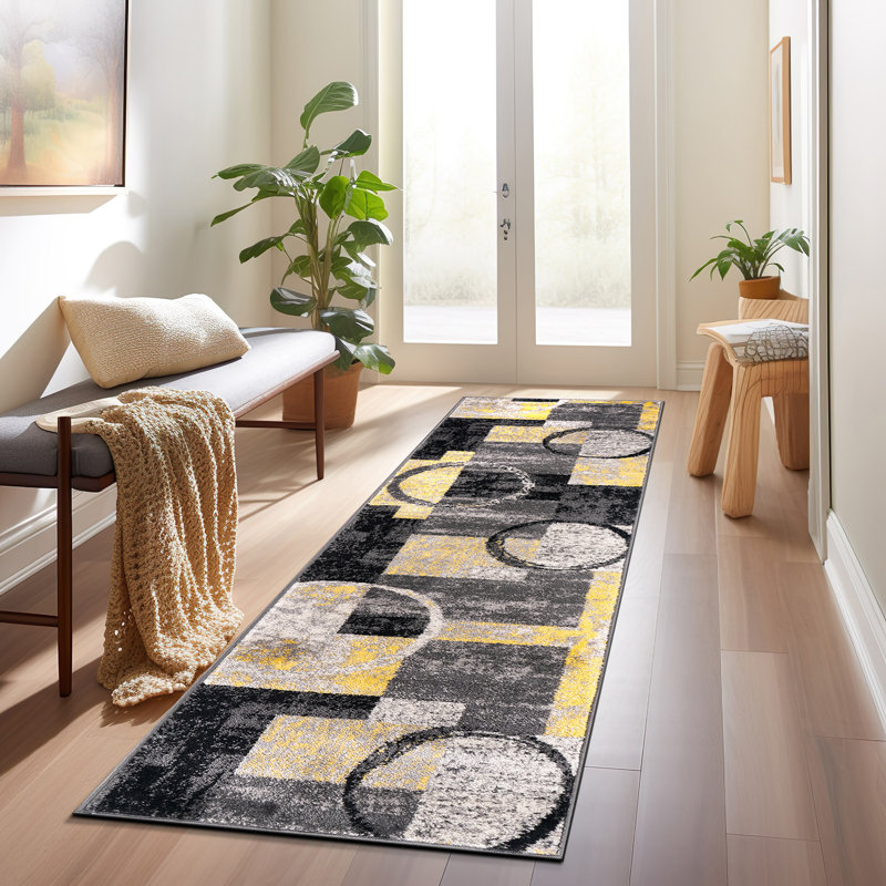 Bionda Geometric Yellow/Black/Gray Area Rug, Runner 2' x 10'