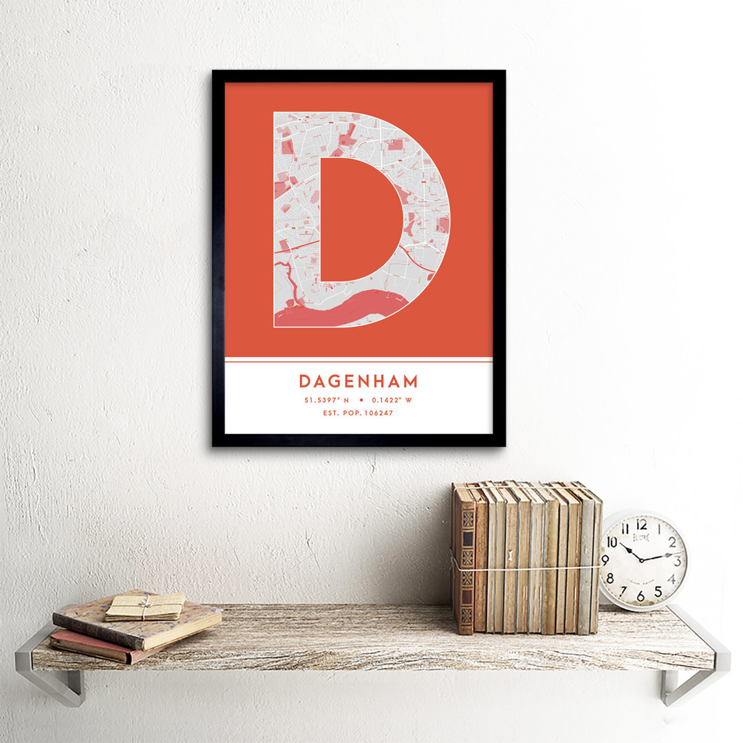 Dagenham England United Kingdom City Map Orange Colour Block Modern Typography Stylish Letter Framed Word Wall Art Print Poster