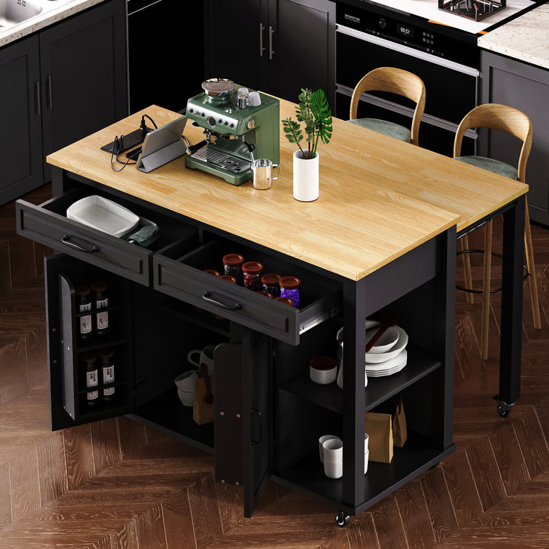 Îlot de cuisine de 47 po avec table de salle à manger extensible, table de cuisine en placage de bois d'hévéa avec support de rangement interne, prise de courant, îlot de cuisine avec rangement 2 tiroirs et 2 armoires, noir