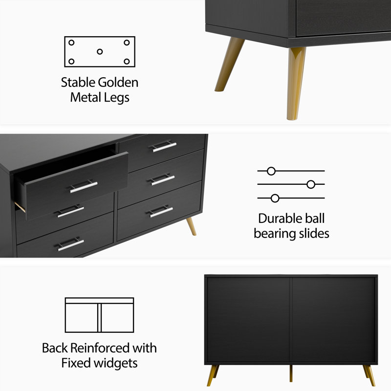 Commode 6 tiroirs pour chambre Tamica, Noir