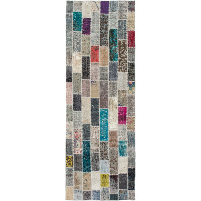 Tapis de couloir en laine noué à la main de conception unique 3 pi 1 po x 10 pi 1 po Bendetta Tapis décoratif en gris/beige/turquoise
