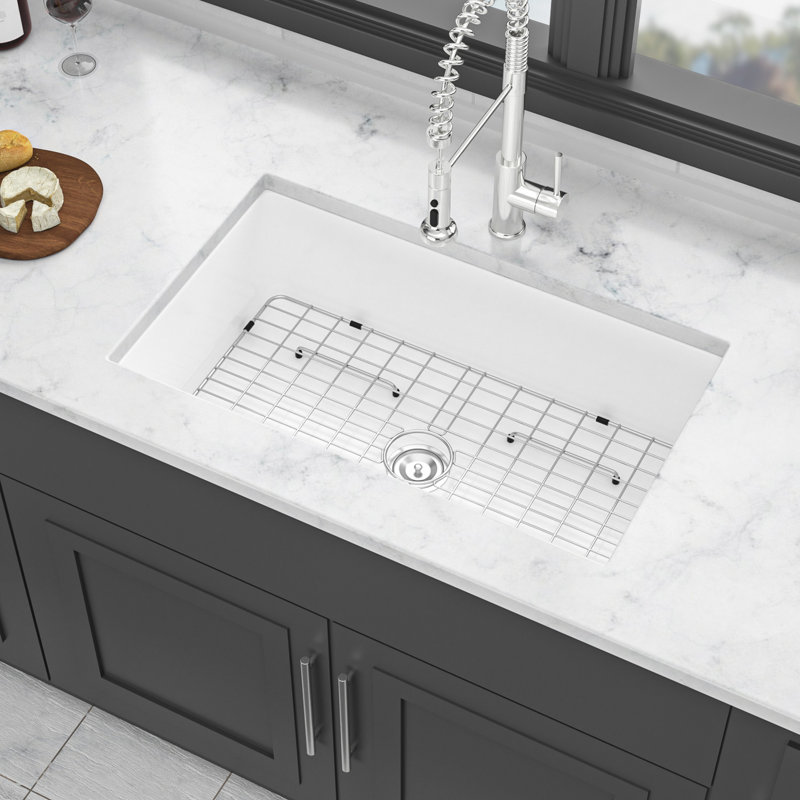 32" Ceramic Kitchen Sink - White, With Superior Resistance To Wear Deep Single Bowl For Enhanced Functionality