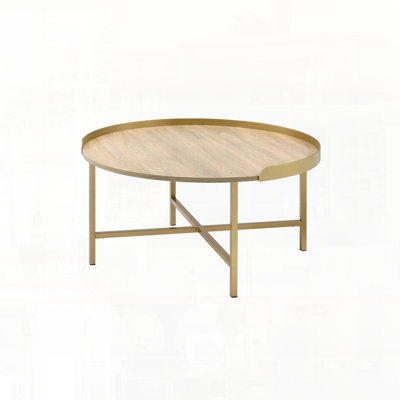 Table basse ronde avec plateau en métal et barre transversale