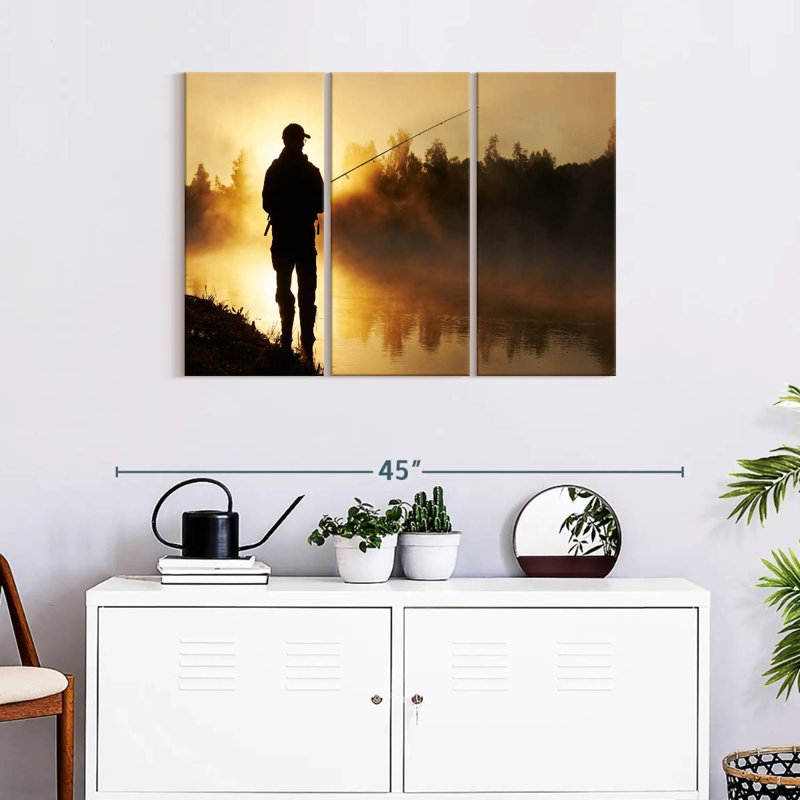 «Foggy Riverbank Fishing», 3 pièces sur toile, H 24 po x l 38 po x P 1,25 po