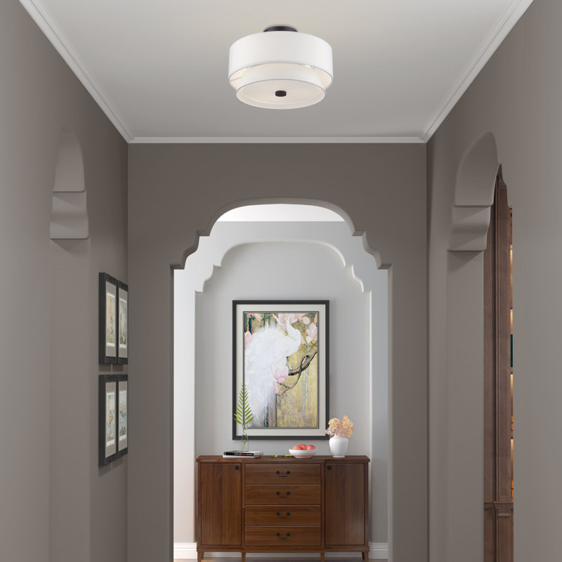 Grand semi-encastré 3 lumières en nickel brossé avec abat-jour en tissu blanc cassé fabriqué à la main, Bronze