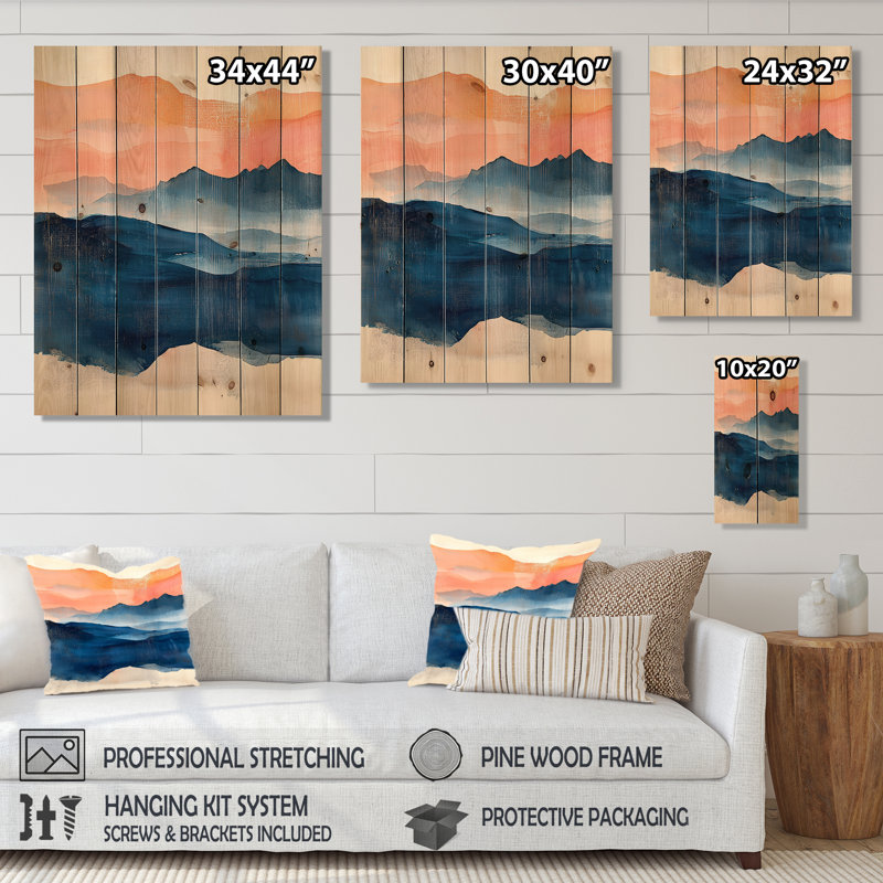 «Pink Blue Bold Landscape Bold Mountains I», paysage de montagnes, art mural sur bois de pin naturel