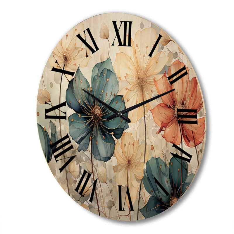 Horloge murale surdimensionnée en bois bleu sarcelle avec pétales orange I, Très grand