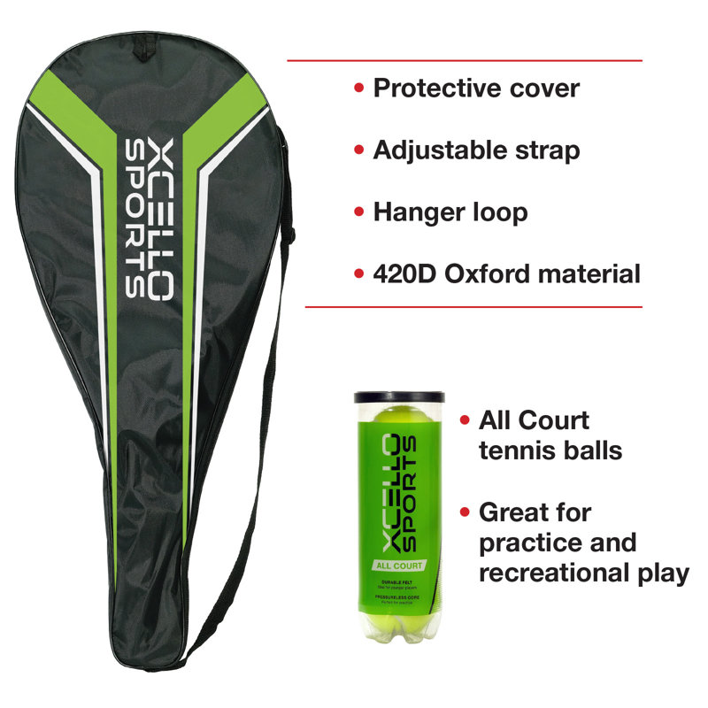 Ensemble de raquettes en aluminium Xcello Sports avec 2 tubes de balles de tennis et 2 housses, Noir / rouge