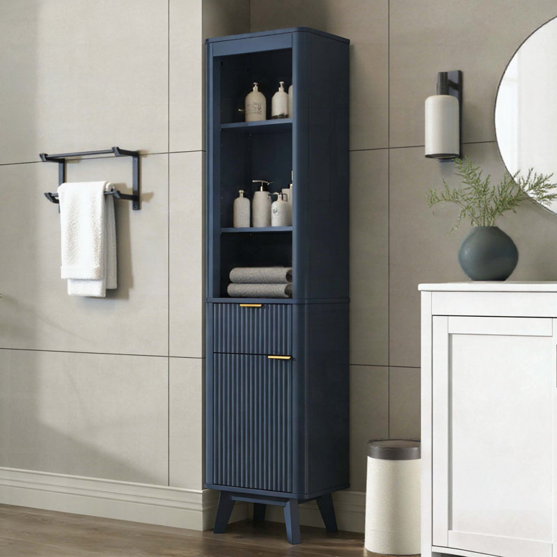 Tall Storage Cabinet with Adjustable Shelves and Drawer, Fluted Design for Bathroom/Living Room, Blue