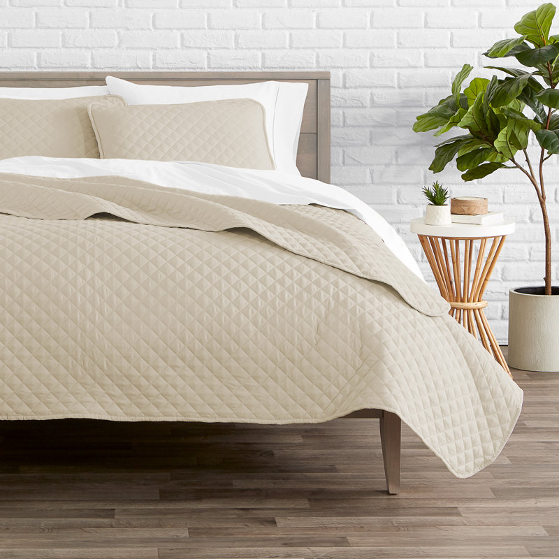 Sand Twin Microfiber Diamond Stitched Coverlet Set