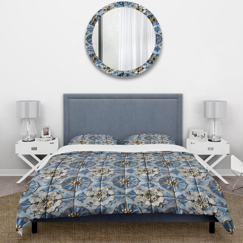 Ensemble de housse de couette à motif floral bleu et doré Vintage, Housse de couette très grand + 2 taies décorativ