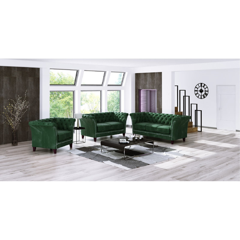 Chesterfield  Armchair Made of Velvet Fabric with Solid Wood Legs, Bottle Green