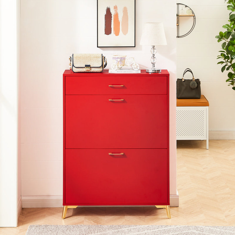 Armoire à chaussures 2 tiroirs pour couloir - rouge, économiseur d'espace, tiroirs de rangement rouges, support caché, rangement,