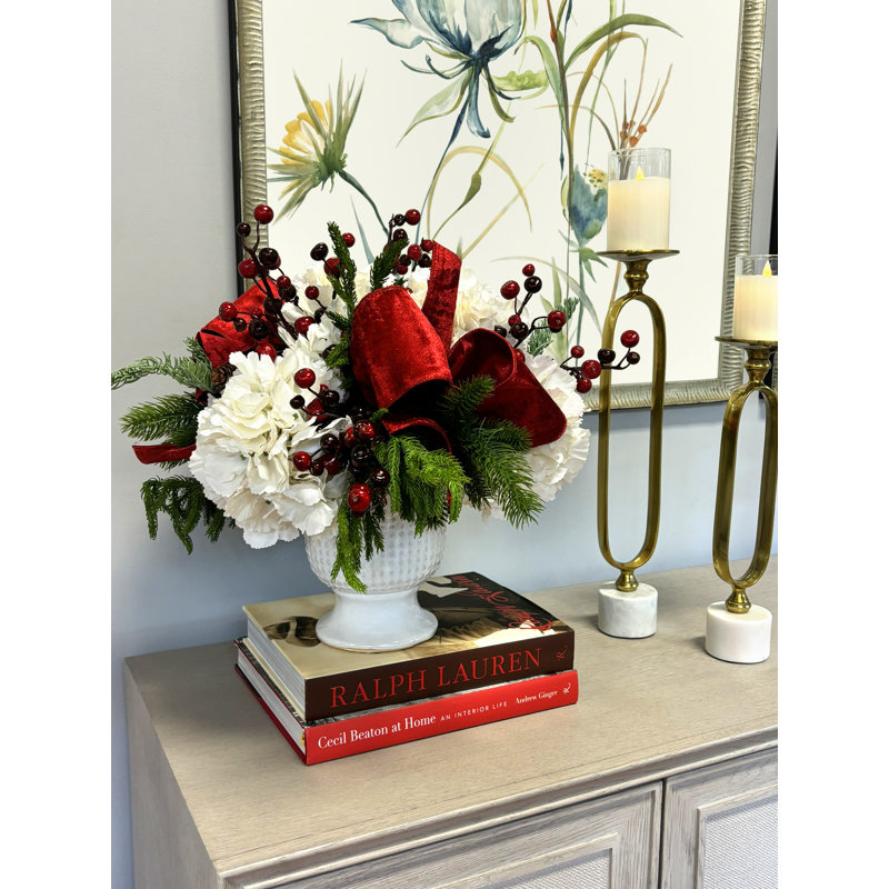 Hydrangea And Evergreen Holiday Arrangement