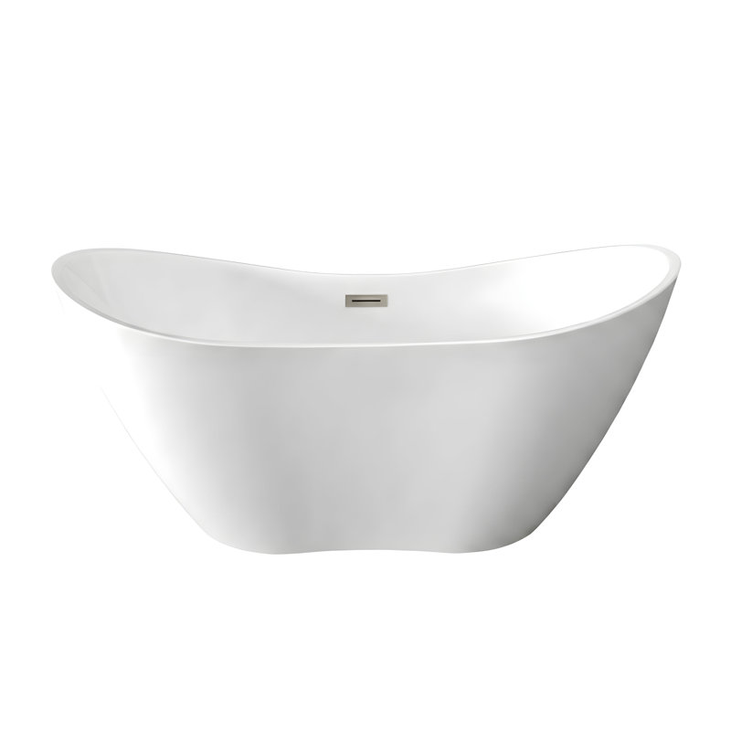 Vanity Art 59" Freestanding Acrylic Soaking Bathtub with Center Drain - White, White/Brushed Nickel