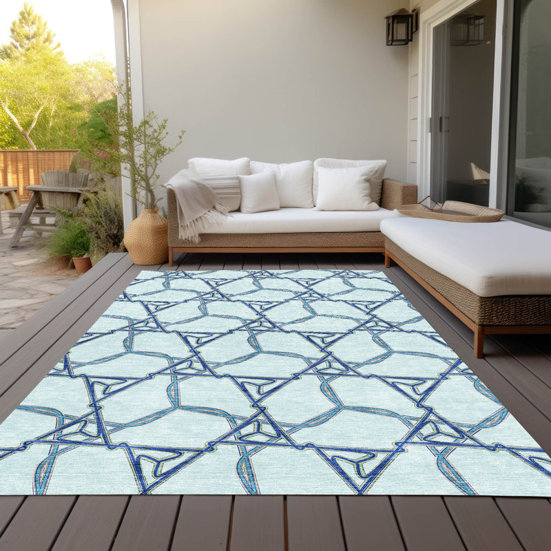 Sky Blue Geometric Synthetic Rectangular Indoor/Outdoor Rug 3x5