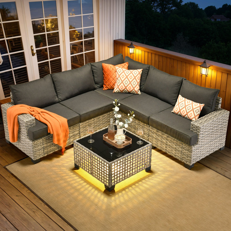 Wahkon Wicker/rattan 5 - Person Wicker Sectional Seating Group with Lighted Coffee Table, Modern Modular Outdoor Conversation Set with Cushions