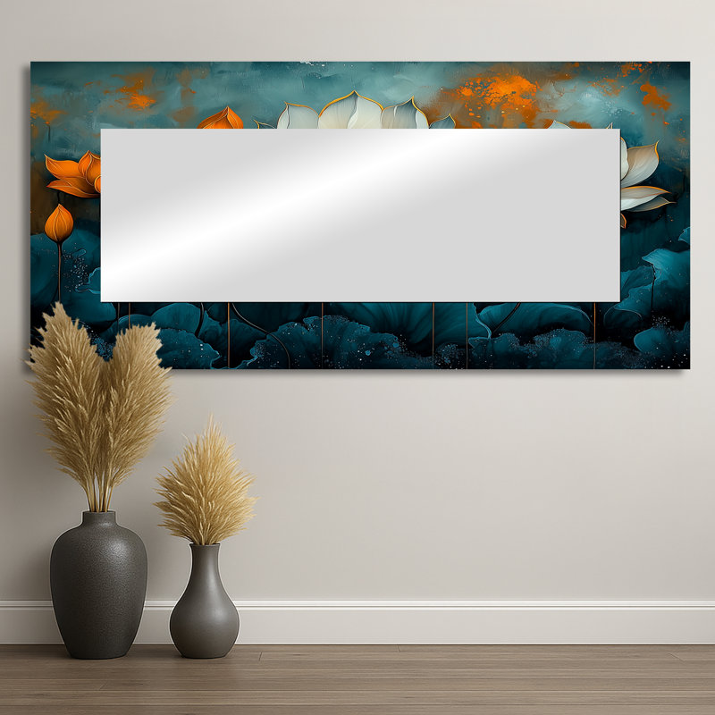 White Orange Radiant Lotus - Floral Decorative Mirror Wall Art - Printed On Metal, 28" x 60"