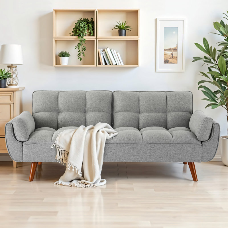 Kazal 75.39" Full / Double Wide Upholstered Split Tufted Back Convertible Sofa, Light Gray Polyester Blend