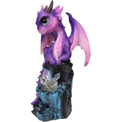 Whimsical Adorable Purple Dragon Perching On LED Crystal Cave Rocks Figurine