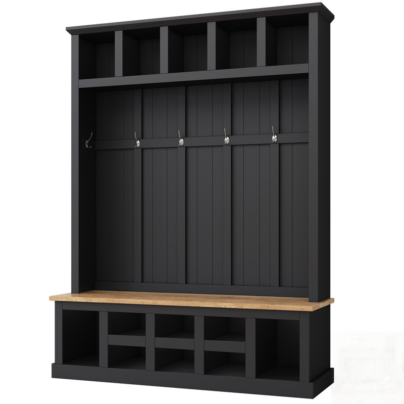 Farmhouse Wooden Hall Tree With Storage Bench, 13 Compartments Shoe Cabinet, 6 Hooks Coat Rack For Entryway, Black