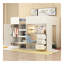 Lit mezzanine double en bois avec garde-robe intégrée, bureau, tablettes et tiroirs de rangement, beige