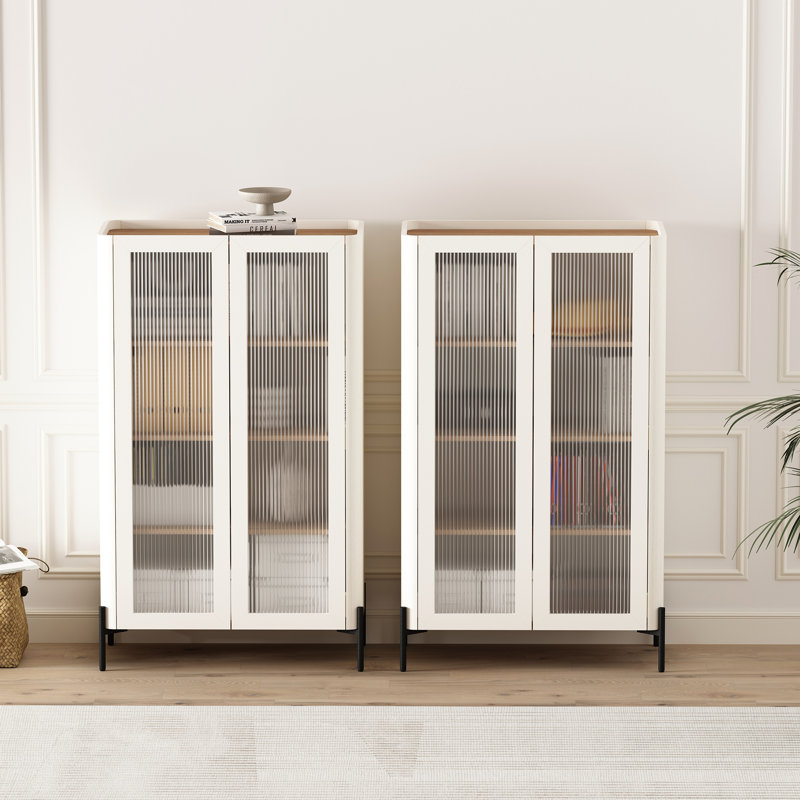 Abbey Modern Tempered Glass Bookcase Cabinet with Adjustable Shelves in Maple and Off White, Maple/Off white