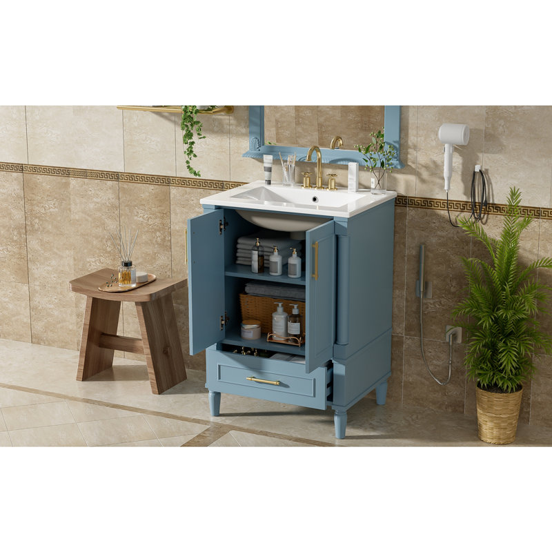 Meuble-lavabo de salle de bain avec motif orné et charnières à fermeture en douceur, Indigo Blue