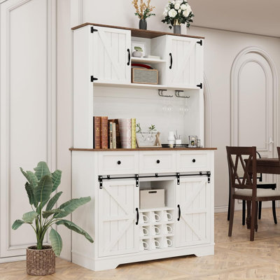 72" Coffee Bar Cabinet with Sliding Barn Door & Wine Racks, Hutch Cabinet with Storage and 3 Drawers, Farmhouse Coffee Bar with Wine Glass Holder for by Gracie Oaks