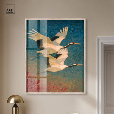 Vermillion Feather Rise Shadowbox Print Coastal Wall Decor by Art Remedy, Blonde Frame, 36 x 45