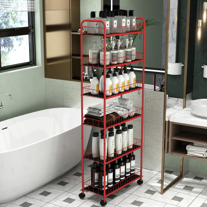 Chariot de rangement mince rouge à 6 niveaux avec roulettes - idéal pour la cuisine, la salle de bain, le bureau et la buanderie