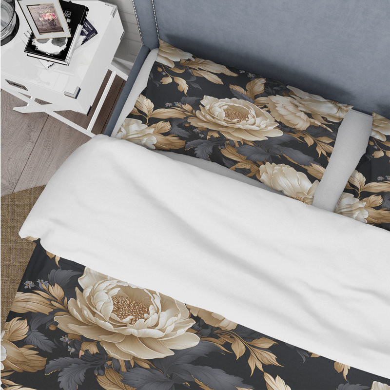 Ensemble de housse de couette à motif floral beige et noir, Housse de couette pour très grand lit et 2 très