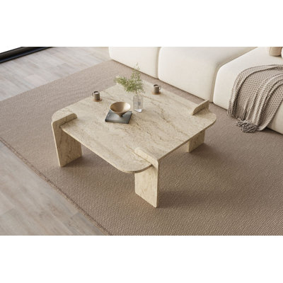 Modern Coffee Table, Travertine Color, 35.4 x 13.8 x 35.4 inches | 100% Melamine Coated Chipboard, Durable & Stylish for Living Room | Disassembled Design for Easy Assembly, Elegant Marble Concept