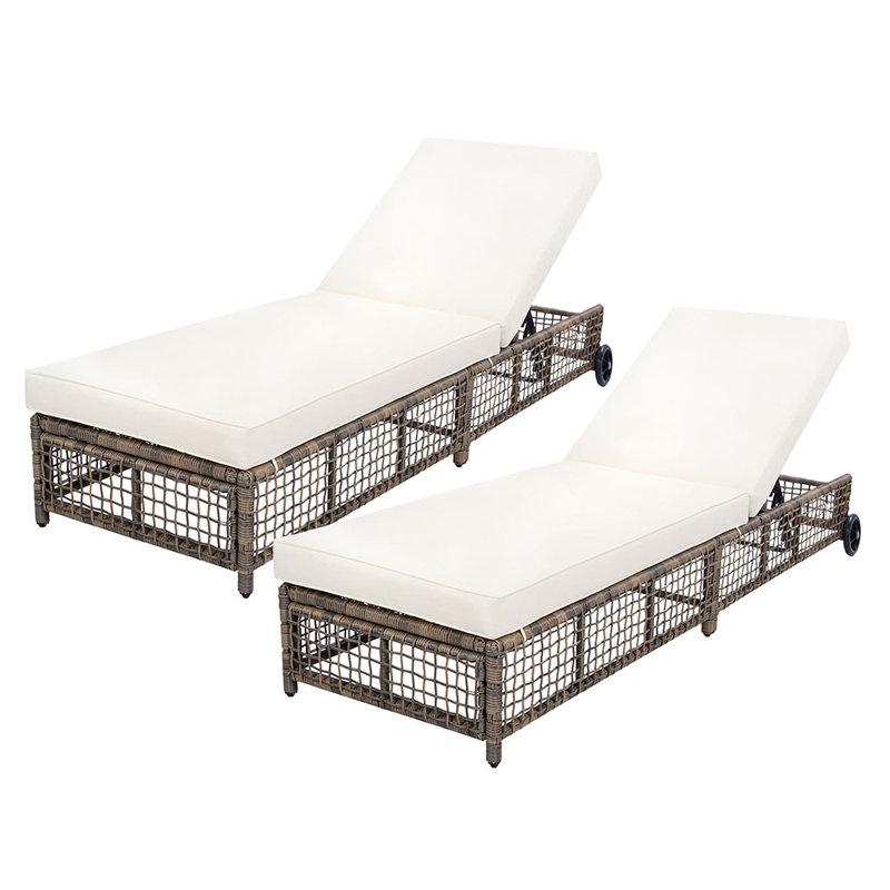 Outdoor Lounge Chair, Patio Chaise Lounge with 5-Position Backrest, Rattan Outdoor Lounge Chair with Cushion and Wheels for Poolside, Backyard, Garden