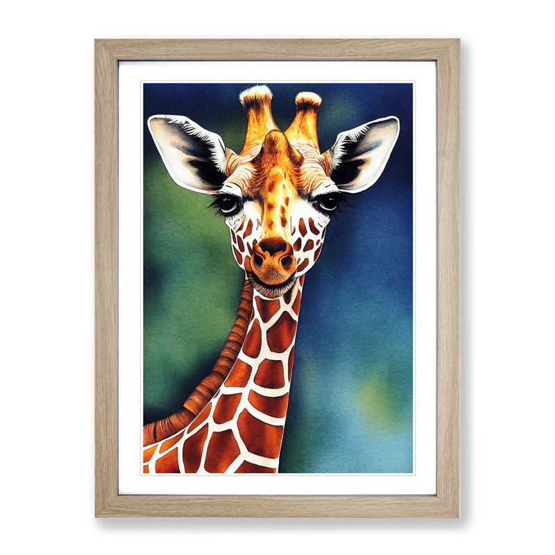 Happy Giraffe - Single Picture Frame Painting, 64cm H x 46cm W x 2cm D, Oak
