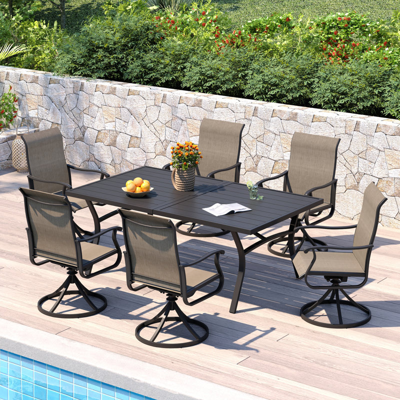 70.9"L Outdoor Dining Set with Extra Large Rectangular Dining Table and 6 PVC-coated polyester Swivel Chairs , Brown
