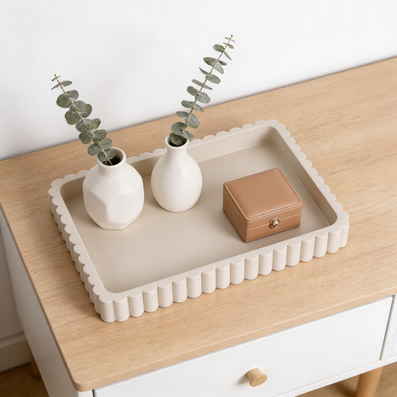 Modern Concrete Decorative Tray For Coffee Table Centerpiece, Handcrafted Rectangular Serving Tray With Fluted Design For Home Decor, Ottoman, And Living Room