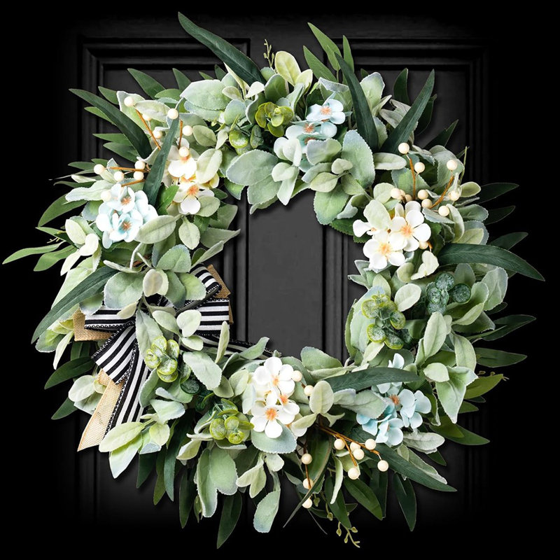 Couronne de 20 pouces pour oreilles de mouton - Vert - Décoration de porte et de mur artificielle pour un style maison de campagne à l'année, intérieur / extérieur